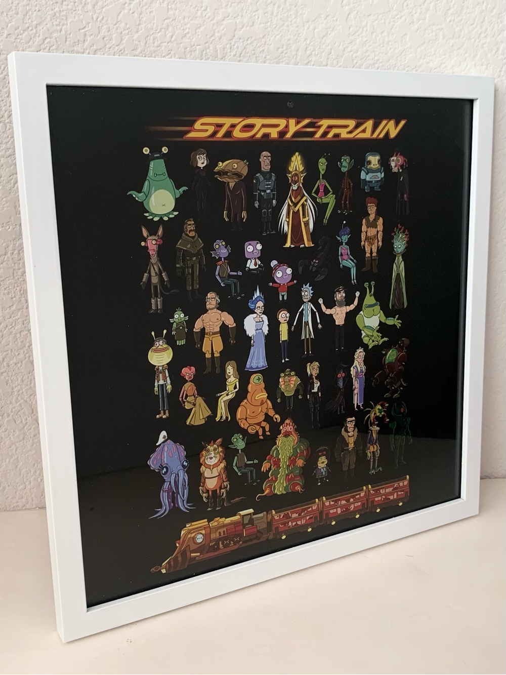 Rick and Morty story train character pint framed